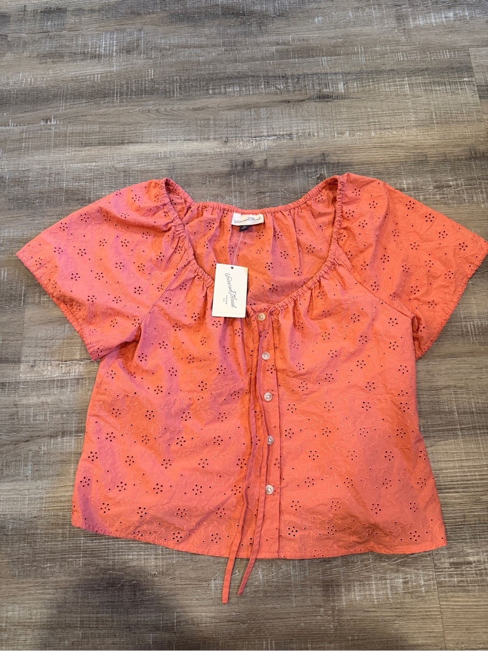 Universal Thread Coral Eyelet Button-Front Top with Tie